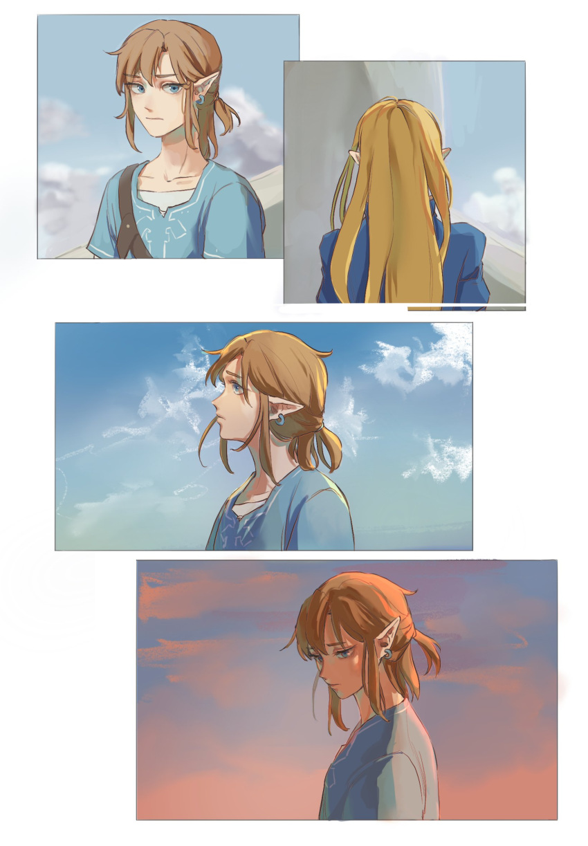 1boy 1girl blonde_hair brown_hair closed_mouth clouds collarbone day earrings facing_away green_shirt highres jewelry link long_hair looking_at_viewer looking_up outdoors pointy_ears ponytail princess_zelda psp26958748 shirt the_legend_of_zelda the_legend_of_zelda:_breath_of_the_wild