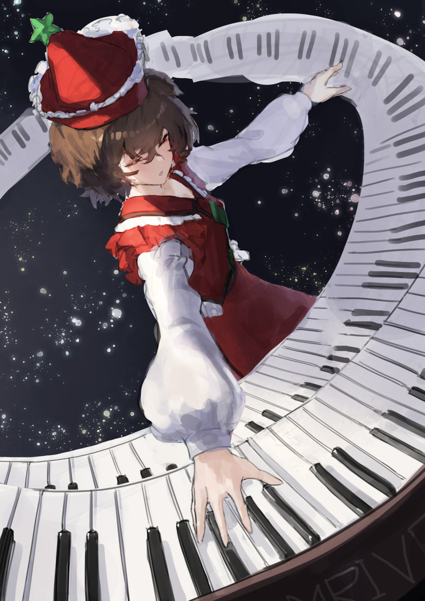 1girl absurdres black_background brown_hair closed_eyes commentary hat_ornament highres instrument keyboard_(instrument) long_sleeves lyrica_prismriver mont_blanca music parted_lips playing_instrument red_headwear red_skirt red_vest short_hair sketch skirt star_(symbol) star_hat_ornament touhou vest