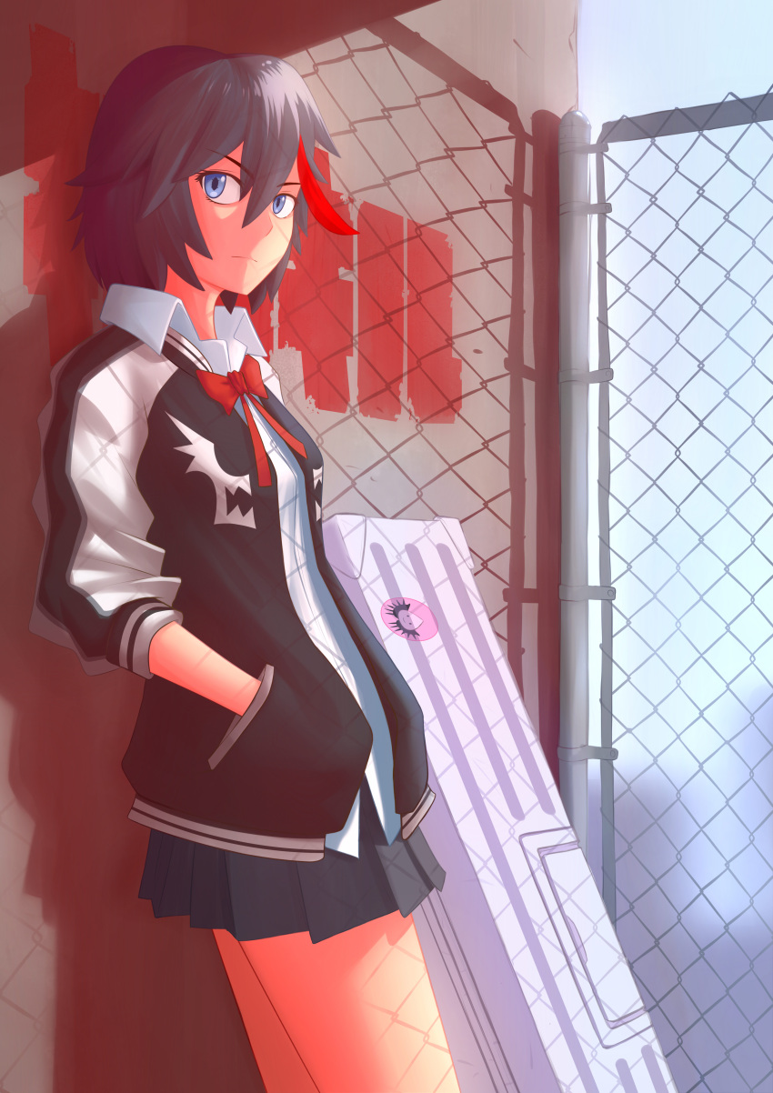1girl absurdres against_wall black_hair black_jacket blue_eyes blue_skirt blurry blurry_background bob_cut bow bowtie breasts case chain-link_fence closed_mouth commentary copyright_name dress_shirt expressionless fence hair_between_eyes hands_in_pockets heart highres jacket kill_la_kill kya_(kyamonhara) leaning_back letterman_jacket long_sleeves looking_at_viewer matoi_ryuuko multicolored_clothes multicolored_hair multicolored_jacket open_clothes open_jacket outdoors overcast painttool_sai_(medium) pleated_skirt raglan_sleeves red_bow red_bowtie redhead school_uniform shadow shirt short_hair skirt sky skyline small_breasts solo standing stone_wall streaked_hair translated two-tone_jacket wall weapon_case white_jacket white_shirt