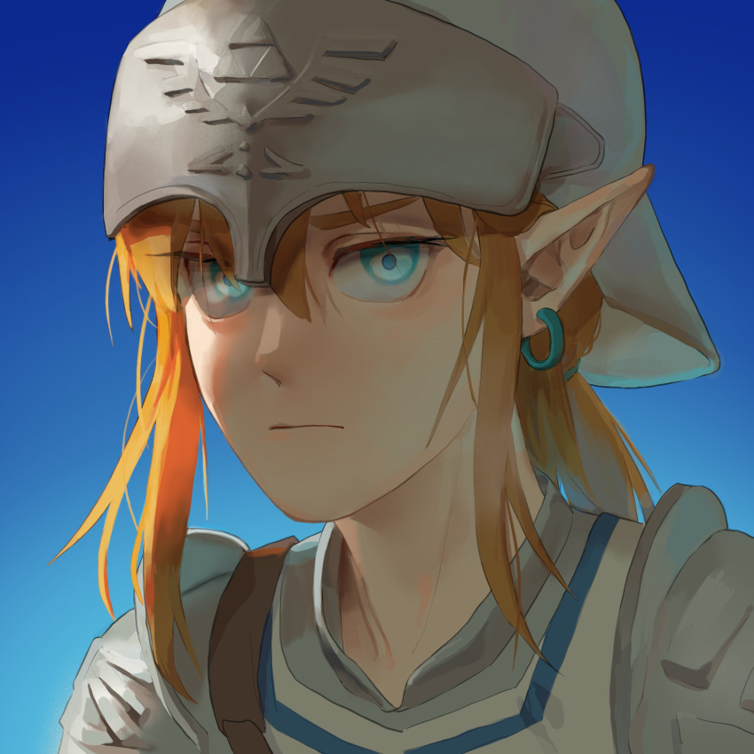 1boy armor blonde_hair blue_background gradient_background green_eyes hair_between_eyes helmet highres link long_hair male_focus pointy_ears psp26958748 shoulder_plates soldier's_set_(zelda) solo the_legend_of_zelda the_legend_of_zelda:_breath_of_the_wild tunic