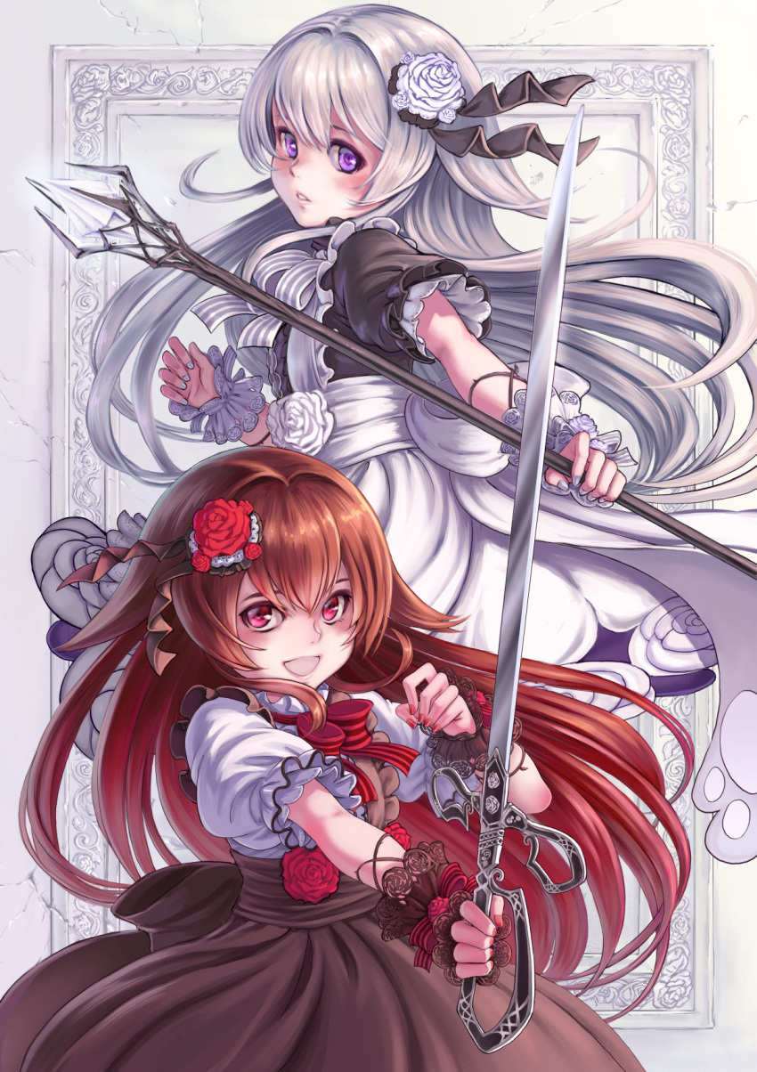 2girls dress flower hair_flower hair_ornament highres holding holding_sword holding_weapon kosai_takayuki long_hair looking_at_viewer looking_back multiple_girls open_mouth puffy_short_sleeves puffy_sleeves red_eyes red_flower red_rose redhead revision rose rose-red_(snow-white_and_rose-red) short_sleeves snow-white_(snow-white_and_rose-red) snow-white_and_rose-red staff sword violet_eyes weapon white_flower white_rose wrist_cuffs