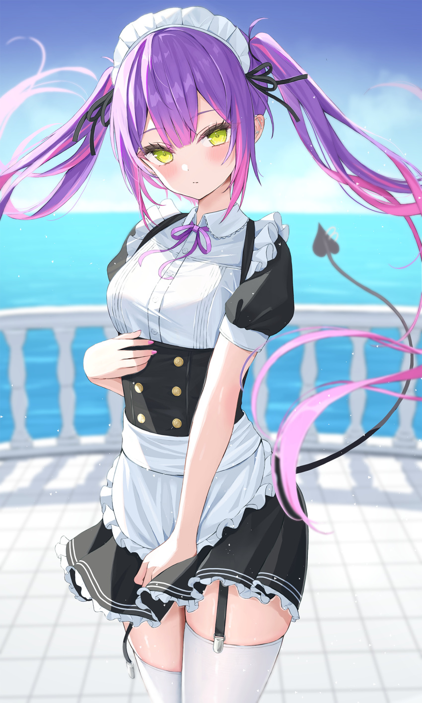 1girl apron blush breasts colored_inner_hair corset demon_tail green_eyes highres hololive long_hair looking_at_viewer maid maid_apron maid_headdress multicolored_hair norio_(noriosub) piercing pink_hair puffy_short_sleeves puffy_sleeves purple_hair short_sleeves solo streaked_hair tail thigh-highs tokoyami_towa virtual_youtuber white_thighhighs