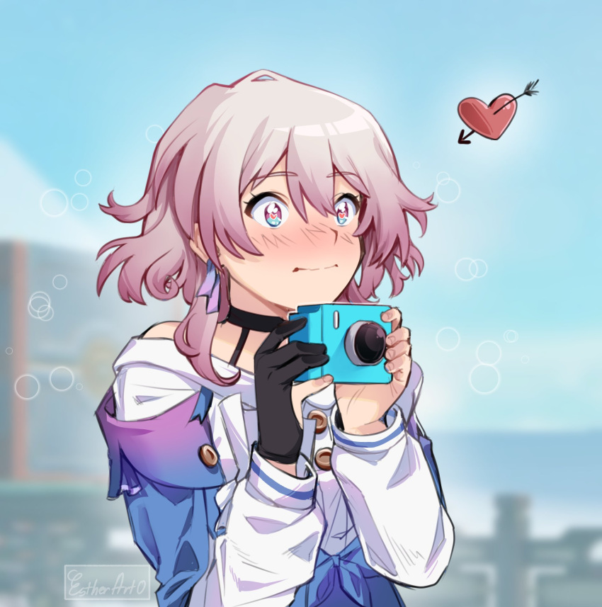 1girl archery_shooting_glove artist_name black_choker black_gloves blue_eyes blue_jacket blurry blurry_background blush camera choker closed_mouth earrings estherart0 gloves hair_between_eyes heart heart-shaped_pupils highres holding holding_camera honkai:_star_rail honkai_(series) jacket jewelry long_sleeves march_7th_(honkai:_star_rail) medium_hair off_shoulder partially_fingerless_gloves pink_eyes pink_hair sidelocks single_glove solo symbol-shaped_pupils two-tone_eyes