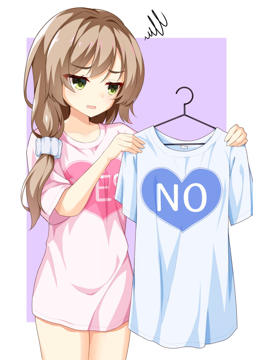 1girl blue_shirt breasts brown_hair clothes_hanger collarbone cowboy_shot double-parted_bangs eyelashes eyes_visible_through_hair frown green_eyes hair_ornament hair_scrunchie heart highres holding holding_clothes holding_shirt light_blush long_hair looking_at_object mikuni_sairi naked_shirt open_mouth pink_shirt purple_background scrunchie sesen2000 shirt short_hair short_sleeves side_ponytail sidelocks simple_background small_breasts solo squiggle standing tenshi_souzou white_background white_scrunchie yes