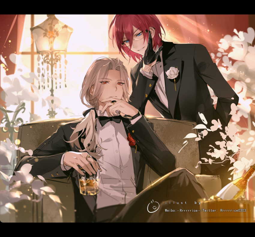 2boys black_bow black_bowtie black_pants blue_eyes bow bowtie buttons chinese_commentary closed_mouth commentary_request crossed_legs cup ensemble_stars! flower formal glasses grey_hair hair_between_eyes highres holding holding_cup ice jewelry lapels long_hair long_sleeves low_ponytail male_focus multiple_boys orange_eyes pants purple_hair ran_nagisa ring rrr_(reason) saegusa_ibara short_hair sitting suit teeth twitter_username watermark white_flower
