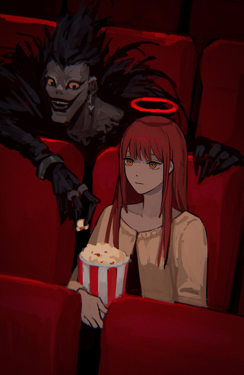 1boy 1girl alternate_hairstyle black_hair cardigan chainsaw_man closed_mouth colored_skin crossover death_note earrings english_commentary food grey_skin grin hair_down halo highres jewelry long_sleeves looking_ahead looking_at_another makima_(chainsaw_man) movie_theater open_mouth popcorn red_halo redhead ring ringed_eyes ryuk shinigami sitting smile solraka tall_hair theater_seating upper_body yellow_eyes