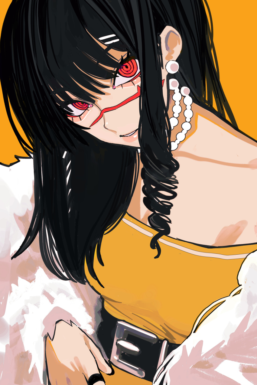 1girl absurdres belt black_hair chainsaw_man cross_scar curly_hair dress earrings fur_scarf head_tilt highres jewelry long_hair looking_at_viewer necklace orange_background parted_lips pearl_earrings pearl_necklace red_eyes ringed_eyes sailen0 scar scar_on_cheek scar_on_face simple_background solo strapless strapless_dress yellow_dress yoru_(chainsaw_man)