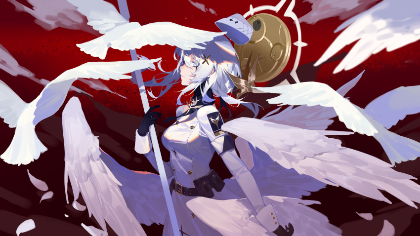 1girl absurdres angel_wings black_gloves black_tears blue_eyes breasts buttons chinese_commentary commentary cowboy_shot from_side garrison_cap gloves hair_ornament halo hat highres jacket liv_(punishing:_gray_raven) long_sleeves medium_breasts medium_hair multiple_wings orb profile punishing:_gray_raven sidelocks white_dove white_hair white_headwear white_jacket wings x_hair_ornament xe367