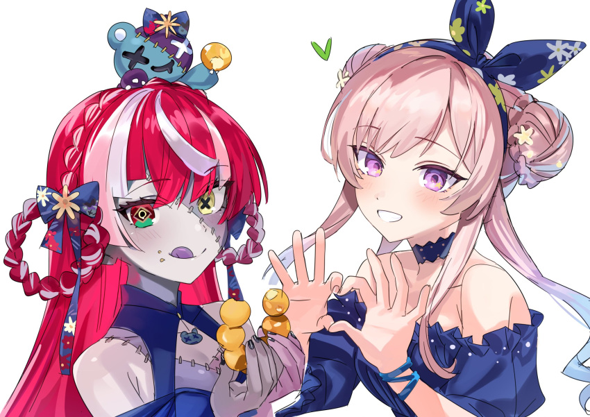 2girls :q airani_iofifteen bare_shoulders braid braided_bun choker commentary_request double_bun doughnut dress food hair_bun heart heart_hands heterochromia highres holding holding_food hololive hololive_indonesia kureiji_ollie lace lace_choker long_hair looking_at_viewer mismatched_pupils multicolored_hair multiple_girls off-shoulder_dress off_shoulder patchwork_skin pon_de_ring portrait redhead side-by-side simple_background smile star_(symbol) star_in_eye streaked_hair stuffed_animal stuffed_toy symbol_in_eye teddy_bear tongue tongue_out two-tone_hair udin_(kureiji_ollie) violet_eyes virtual_youtuber white_background yomosaka