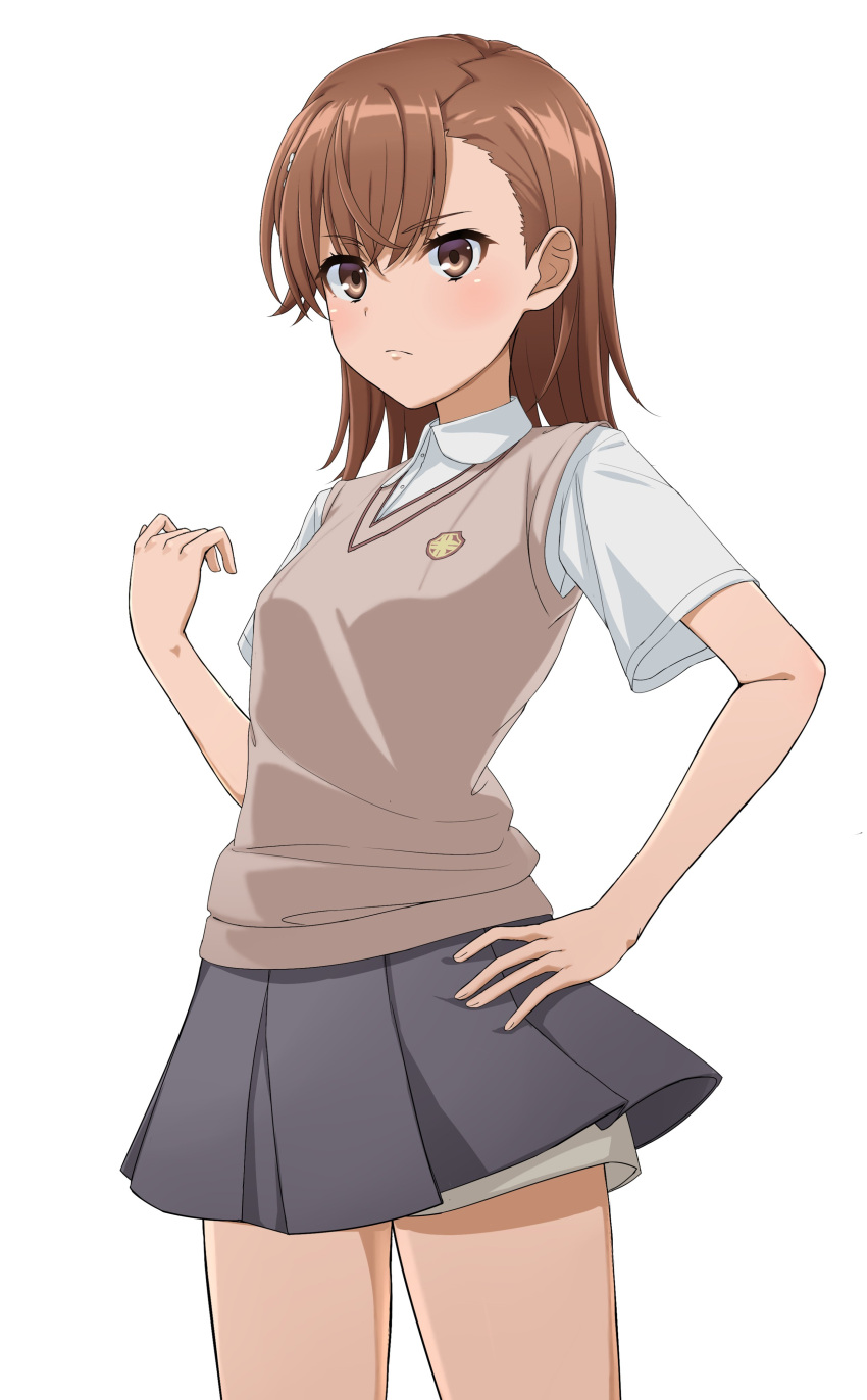 1girl absurdres asymmetrical_bangs brown_eyes brown_hair brown_sweater brown_sweater_vest brown_vest collared_shirt commission dress_shirt emblem grey_skirt hand_on_own_hip highres jahmonger looking_at_viewer medium_hair miniskirt misaka_mikoto pleated_skirt school_emblem school_uniform shirt short_shorts short_sleeves shorts shorts_under_skirt simple_background skirt sleeveless sleeveless_sweater solo sweater sweater_vest toaru_kagaku_no_railgun toaru_majutsu_no_index tokiwadai_school_uniform vest white_background white_shirt white_shorts wing_collar