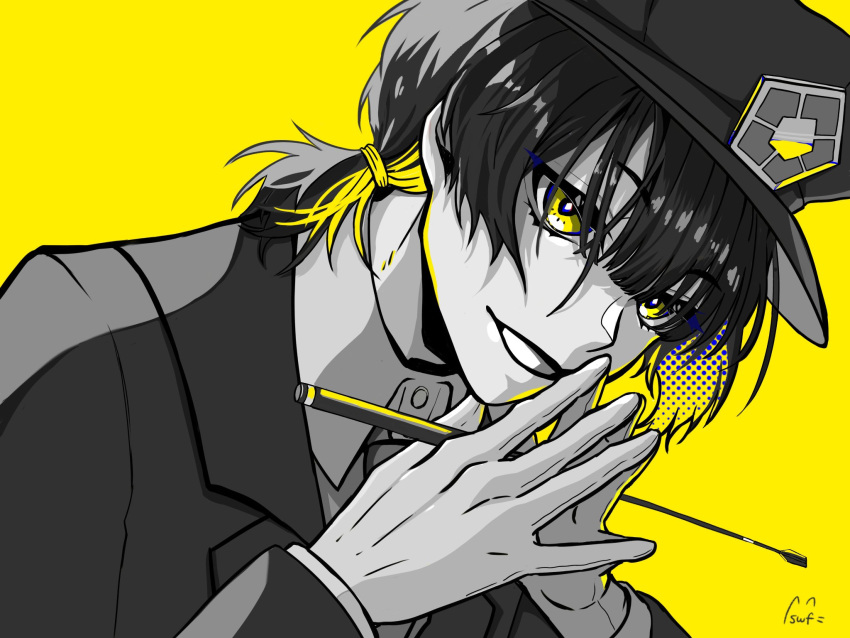 artist_name bachira_meguru black_hair blonde_hair blue_lock collared_shirt commentary_request hat highres lapels long_sleeves multicolored_hair necktie notched_lapels police_hat shirt simple_background sweetfish_bl teeth yellow_background yellow_eyes