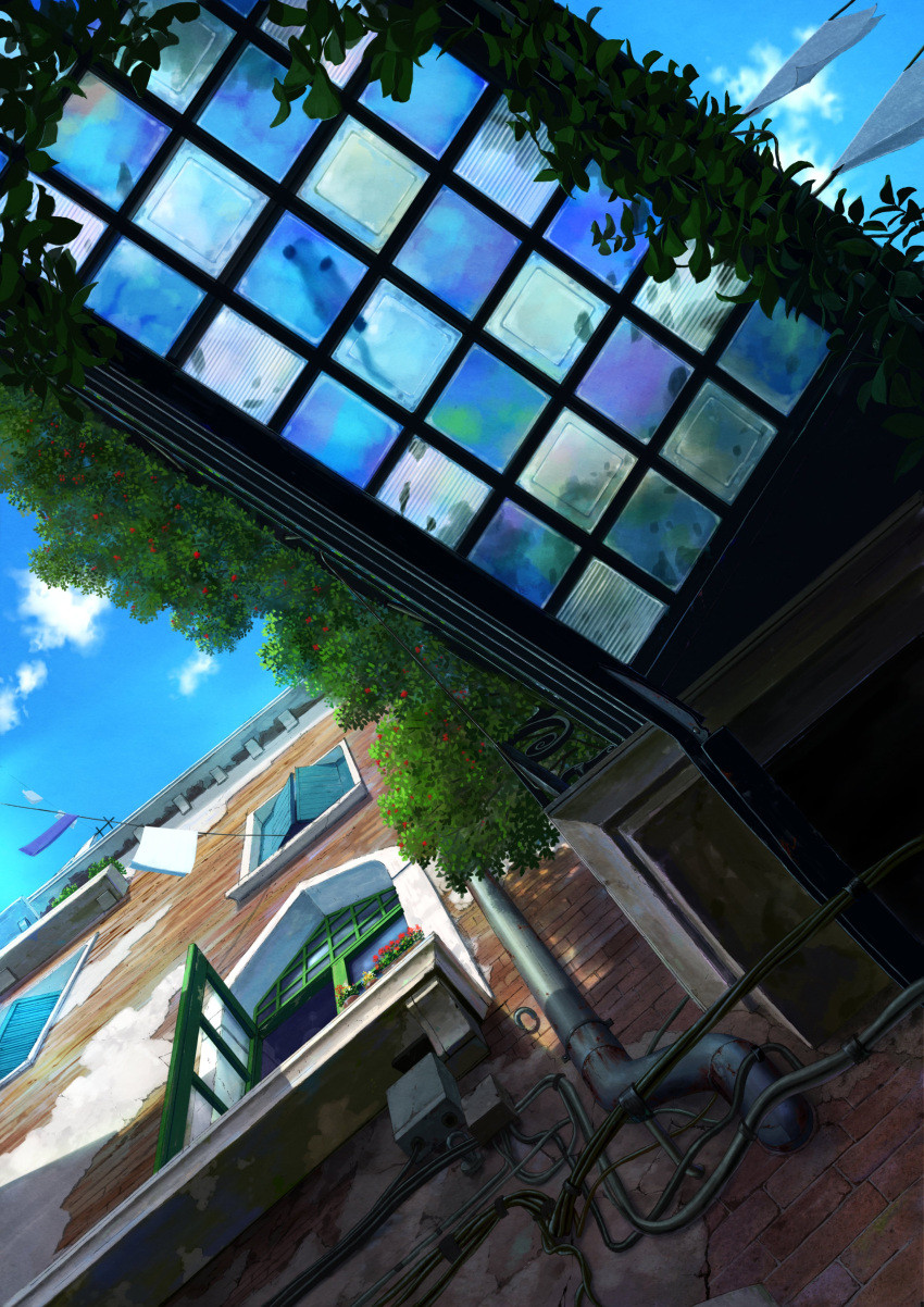 absurdres berry blue_sky building bush ceiling clothes clouds cloudy_sky glass glass_ceiling highres industrial_pipe lead_pipe no_humans open_window original outdoors pei_(sumurai) plant potted_plant scenery sky vines wall window windowsill wire