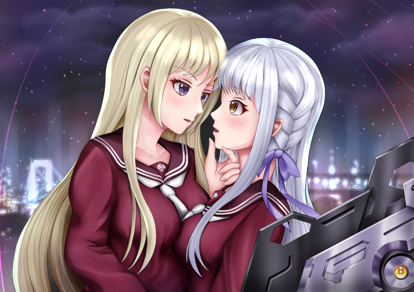 2girls arm_at_side assault_lily blonde_hair blush braid breasts bridge brown_sailor_collar city commentary eye_contact face-to-face from_side grey_hair hair_ribbon hand_on_another's_chin hand_up highres holding holding_weapon imai_tomohiro kanba_girls_high_school_uniform kon_kanaho long_hair long_sleeves looking_at_another medium_breasts miyagawa_takane multiple_girls necktie night night_sky outdoors parted_lips profile purple_ribbon red_shirt ribbon sailor_collar school_uniform serafuku shirt short_necktie side_braid sidelocks sky skyline upper_body violet_eyes weapon white_necktie yellow_eyes yuri