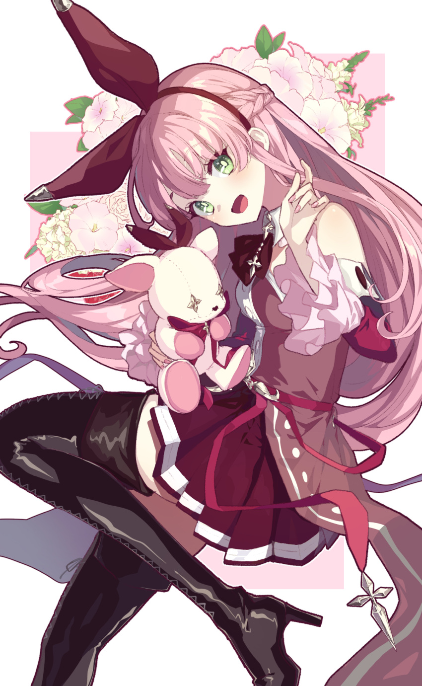 1girl :d arcaea bare_shoulders black_thighhighs blush boots braid brown_hairband buttons choppy_bangs cross cross-laced_clothes cross-laced_legwear cross_necklace detached_sleeves french_braid frilled_sleeves frills from_side green_eyes hairband hand_up head_tilt heart heart_background high_heel_boots high_heels highres holding holding_stuffed_toy iron_cross jabot jewelry kou_(arcaea) long_bangs looking_at_viewer nail_polish necklace niro_(sikabanekurui) open_mouth pink_hair pink_nails pleated_skirt red_jabot red_shirt red_skirt red_sleeves shirt skirt smile solo stuffed_animal stuffed_toy teddy_bear thigh-highs thigh_boots white_background zettai_ryouiki