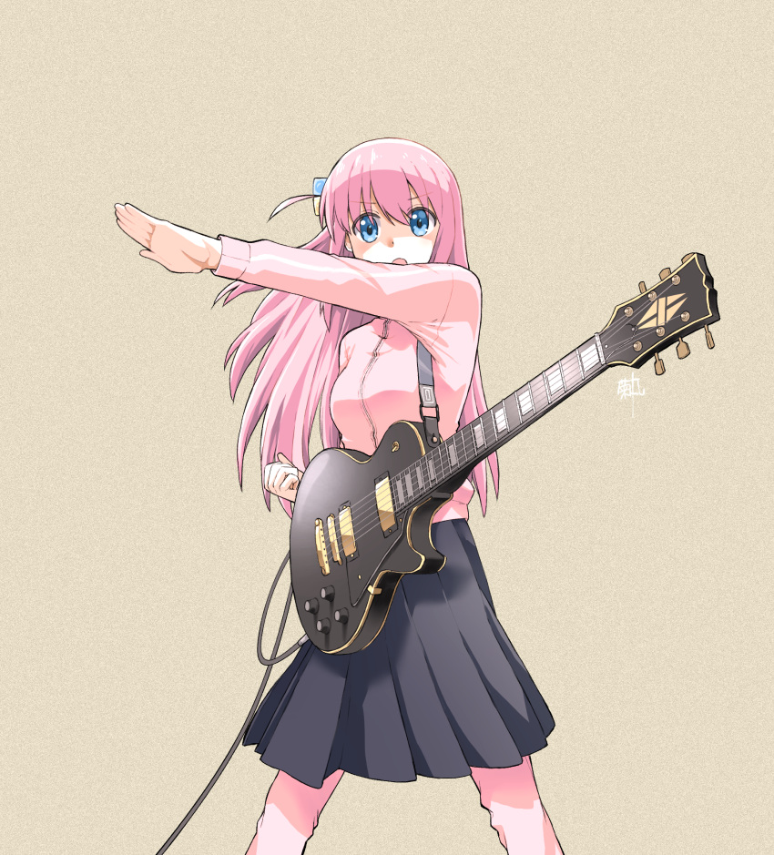 1girl :o artist_name black_skirt blue_eyes bocchi_the_rock! brown_background clenched_hand commentary cube_hair_ornament electric_guitar floating_hair gibson_les_paul gotou_hitori guitar hair_between_eyes hair_ornament hand_up highres instrument jacket kikumaru_bunta long_bangs long_hair one_side_up open_mouth pants pants_under_skirt pink_hair pink_jacket pink_pants pink_track_suit pleated_skirt shaded_face signature skirt solo spread_legs standing sweatpants textless_version track_jacket translated v-shaped_eyebrows