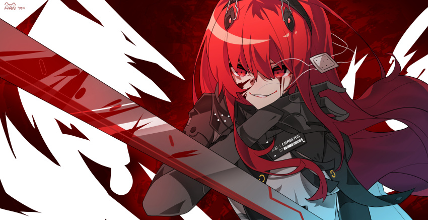 1girl absurdres black_bodysuit blood blood_from_eyes blood_on_face blood_on_weapon bodysuit eyepatch eyepatch_removed headgear highres holding holding_sword holding_weapon long_hair mechanical_arms parted_lips punishing:_gray_raven red_eyes redhead sidelocks sword tipang_(gurimulguryo) vera_(punishing:_gray_raven) weapon white_bodysuit