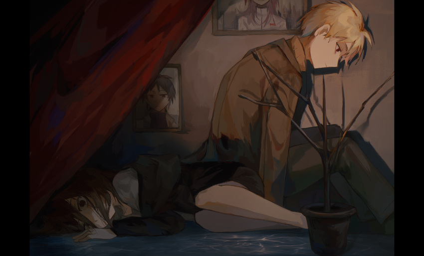 2boys atou_haruki black_jacket black_pants blonde_hair brown_hair brown_jacket brown_shorts brown_sweater chinese_commentary commentary_request curtains highres indoors isoi_haruki jacket long_sleeves lying male_focus multiple_boys on_side pants plant portrait_(object) potted_plant red_curtains red_eyes saibou_shinkyoku shirt short_hair shorts sitting spoilers sweater tatsujin_show turtleneck turtleneck_sweater white_shirt