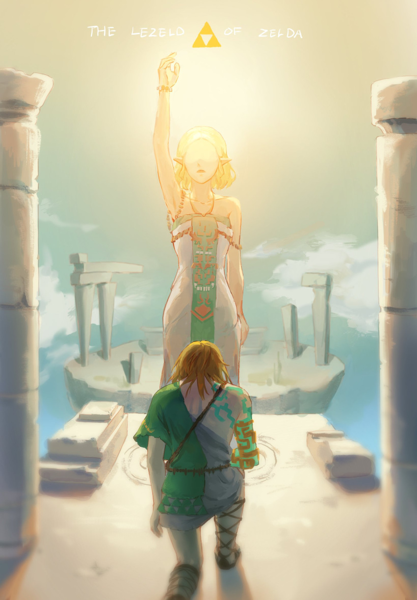 1boy 1girl arm_tattoo arm_up bare_shoulders blonde_hair clouds collarbone copyright_name dress from_behind highres link medium_hair on_one_knee outdoors parted_bangs pointy_ears princess_zelda psp26958748 short_hair short_sleeves single_sleeve tattoo the_legend_of_zelda the_legend_of_zelda:_tears_of_the_kingdom triforce white_dress