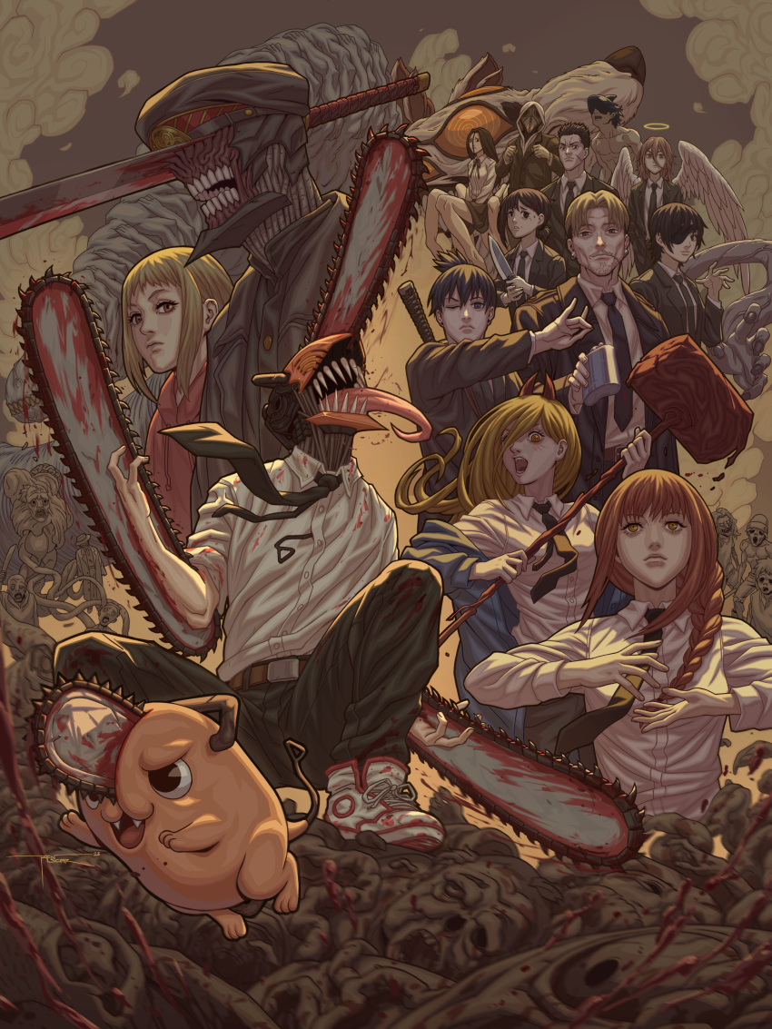 absurdres angel_devil_(chainsaw_man) angel_wings arthropod_girl beam_(chainsaw_man) black_coat black_hair black_jacket black_necktie black_pants blonde_hair blood blood_on_clothes blood_on_weapon blood_spray blue_jacket braid braided_ponytail brown_hair chainsaw_man coat collared_shirt debt_collector_(chainsaw_man) denji_(chainsaw_man) extra_legs eyepatch facial_hair facing_to_the_side facing_viewer flask floating_necktie formal fox_devil_(chainsaw_man) fox_shadow_puppet ghost_devil_(chainsaw_man) hair_over_one_eye hair_over_shoulder halo hammer hayakawa_aki higashiyama_kobeni highres himeno_(chainsaw_man) hirokazu_arai_(chainsaw_man) holding holding_flask holding_hammer holding_knife horns huge_weapon jacket katana katana_man_(chainsaw_man) kishibe_(chainsaw_man) knife long_hair looking_at_viewer looking_to_the_side makima_(chainsaw_man) medium_hair multiple_legs necktie one_eye_closed open_mouth pants parted_lips pile_of_corpses plague_doctor_mask pochita_(chainsaw_man) prinz_(chainsaw_man) red_eyes red_horns redhead ren_escar ringed_eyes sawatari_akane_(chainsaw_man) scar scar_on_face sharp_teeth shirt shirt_tucked_in short_hair short_ponytail sidelocks sign single_sidelock smile snake_devil_(chainsaw_man) spider_girl squatting stitched_mouth stitches stubble suit suit_jacket sword teeth tongue tongue_out topknot topless_male violence_devil_(chainsaw_man) weapon weapon_on_back white_shirt wings zombie zombie_devil_(chainsaw_man)