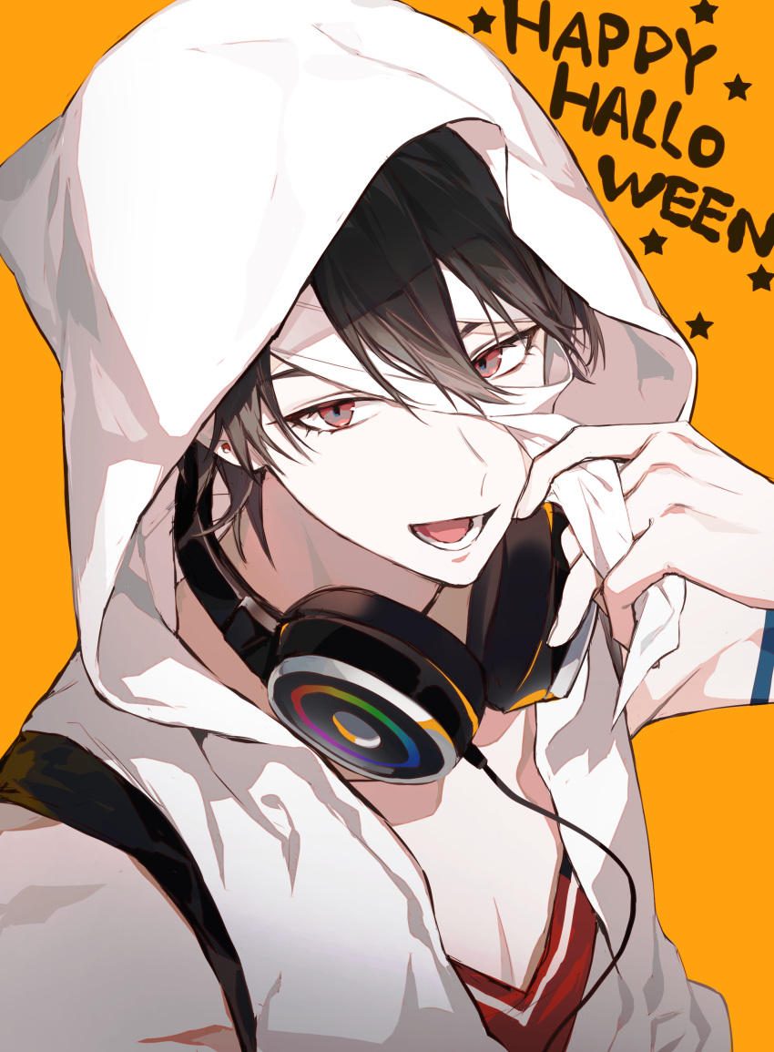 absurdres bandaged_head bandages black_hair earrings from_above hair_between_eyes happy_halloween headphones headphones_around_neck highres hood hood_up hoodie iv_4t jewelry nijisanji red_eyes red_shirt shirt short_hair simple_background single_earring sleeveless sleeveless_hoodie star_(symbol) virtual_youtuber white_hoodie yellow_background yumeoi_kakeru