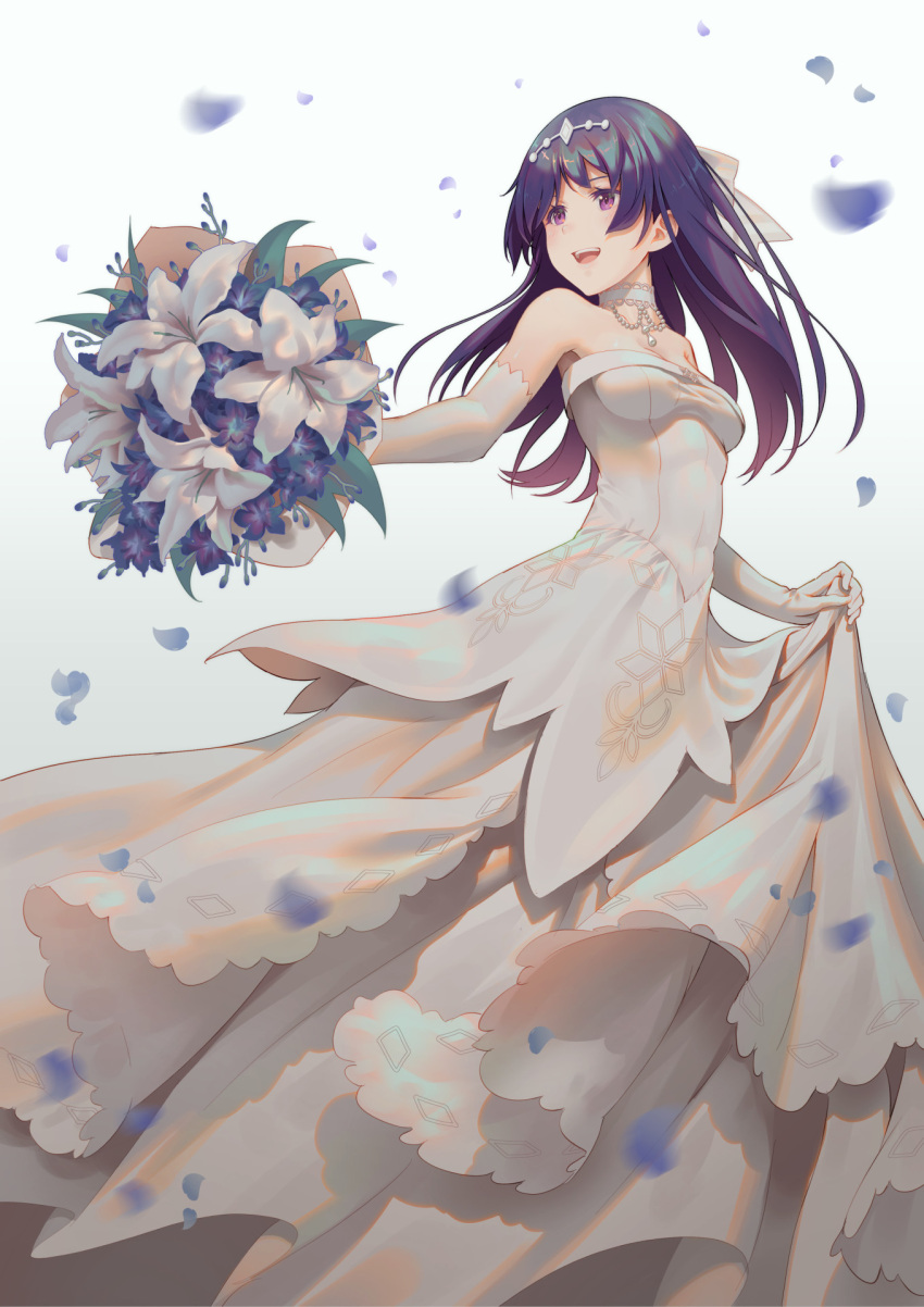 1girl :d alice_gear_aegis bare_shoulders bouquet bow breasts choker commentary_request dress elbow_gloves flower gloves hair_bow highres holding holding_bouquet layered_dress long_dress long_hair medium_breasts nikotama_mai open_mouth petals pinakes purple_flower purple_hair skirt_hold sleeveless sleeveless_dress smile solo strapless strapless_dress teeth upper_teeth_only violet_eyes wedding_dress white_background white_bow white_choker white_dress white_flower white_gloves