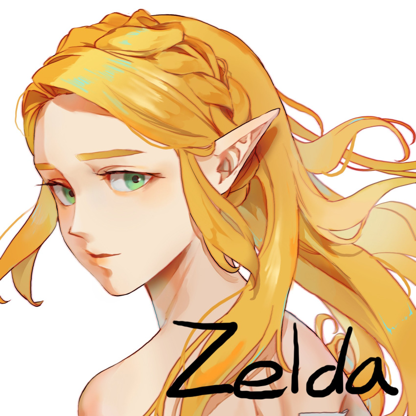 1girl blonde_hair braid character_name closed_mouth crown_braid green_eyes highres long_hair looking_at_viewer looking_to_the_side pointy_ears portrait princess_zelda psp26958748 shiny_skin simple_background solo the_legend_of_zelda the_legend_of_zelda:_breath_of_the_wild white_background