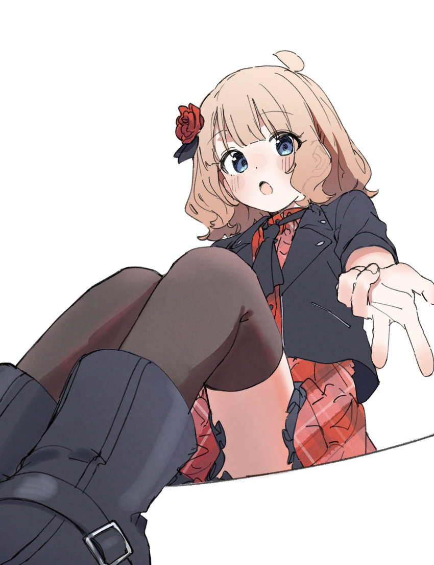 1girl absurdres ahoge ankle_boots black_jacket black_necktie black_thighhighs blue_eyes blush boots brown_hair dot_nose dress flower frilled_dress frills hair_flower hair_ornament highres idolmaster idolmaster_million_live! idolmaster_million_live!_theater_days jacket knees_up long_sleeves looking_at_viewer meeeeeeco359 necktie open_mouth plaid plaid_dress red_dress red_flower red_rose rose short_hair simple_background sitting solo suou_momoko thigh-highs w white_background