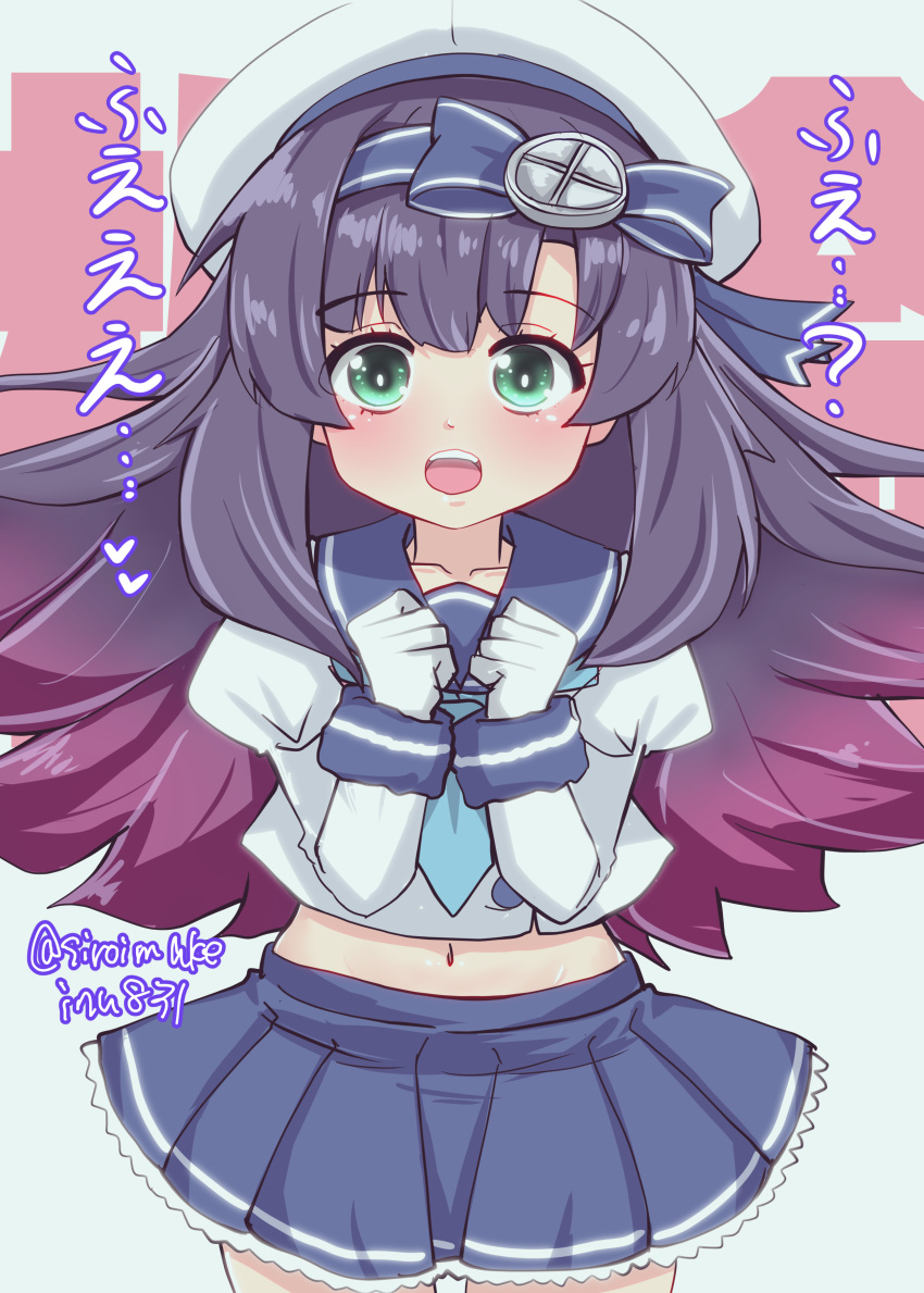 1girl absurdres black_hair blue_neckerchief blue_sailor_collar blue_skirt character_name commentary_request cowboy_shot gloves gradient_hair green_eyes hat highres kantai_collection kitahama_(siroimakeinu831) long_hair long_sleeves looking_at_viewer matsuwa_(kancolle) multicolored_hair navel neckerchief one-hour_drawing_challenge pleated_skirt purple_hair sailor_collar sailor_hat school_uniform serafuku skirt solo translation_request twitter_username white_background white_gloves white_headwear