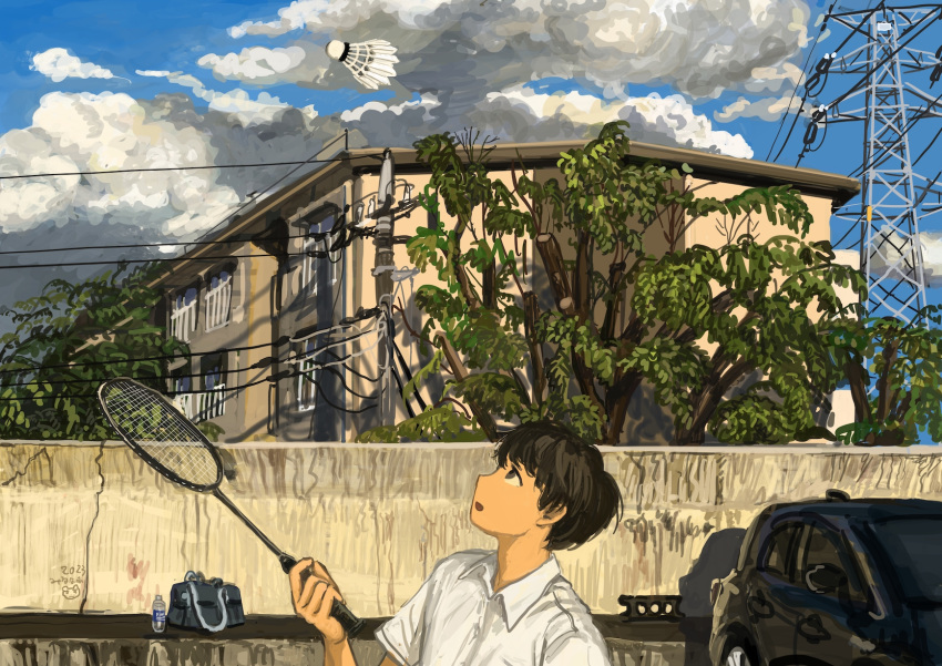 1boy badminton badminton_racket bag black_hair building car clouds highres male_focus minahamu motor_vehicle original outdoors racket school_bag short_hair shuttlecock solo transmission_tower tree