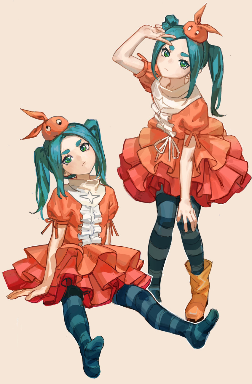 1girl absurdres aqua_hair arm_support boots breasts brown_background closed_mouth commentary dress expressionless frilled_dress frills frown full_body googly_eyes green_eyes green_pantyhose hand_on_own_knee hand_up hat head_tilt highres hikimayu light_frown long_hair looking_at_viewer monogatari_(series) multiple_views no_shoes on_ground ononoki_yotsugi orange_dress orange_headwear outline pantyhose parted_bangs puffy_short_sleeves puffy_sleeves short_eyebrows short_sleeves sidelocks simple_background single_boot sitting small_breasts solipsist solo squatting standing striped striped_pantyhose thick_eyebrows twintails two-tone_dress v v_over_eye white_dress white_outline yellow_footwear