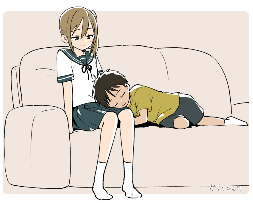 1boy 1girl age_difference black_eyes blush brother_and_sister brown_hair closed_eyes closed_mouth commentary_request couch ganaishoten green_shorts green_skirt looking_at_another lying on_couch on_side original school_uniform shirt short_hair short_sleeves shorts siblings side_ponytail sitting skirt sleeping smile socks t-shirt white_shirt white_socks yellow_shirt