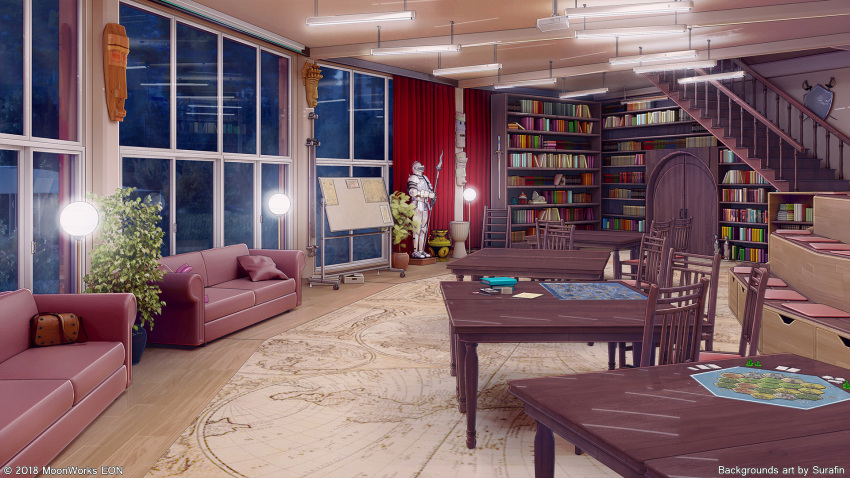 3d bookshelf bush cabinet carpet ceiling ceiling_light chair coat_of_arms couch curtains door grass highres indoors interior lamp light_rays mask moonlight night night_sky original plant potted_plant scenery sky stairs surafin sword table tree weapon whiteboard window wooden_floor
