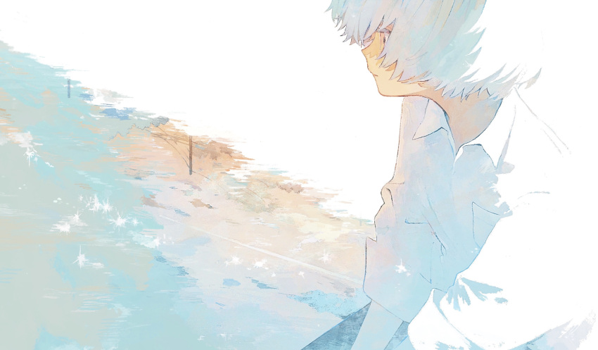 1boy absurdres closed_mouth clouds collared_shirt day from_side highres ka_(marukogedago) original outdoors profile reflection reflective_water shirt short_hair sleeves_rolled_up solo upper_body utility_pole white_background white_hair white_shirt white_theme