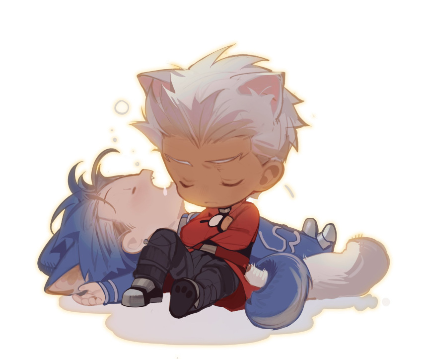 2boys animal_ears archer_(fate) cat_boy cat_ears chibi closed_eyes crossed_arms cu_chulainn_(fate) cu_chulainn_(fate/stay_night) dark_skin dog_boy dog_ears dog_tail drooling fate/grand_order fate/stay_night fate_(series) highres long_sleeves mouth_drool multiple_boys on_ground open_mouth sitting sleeping tail tobu_0w0