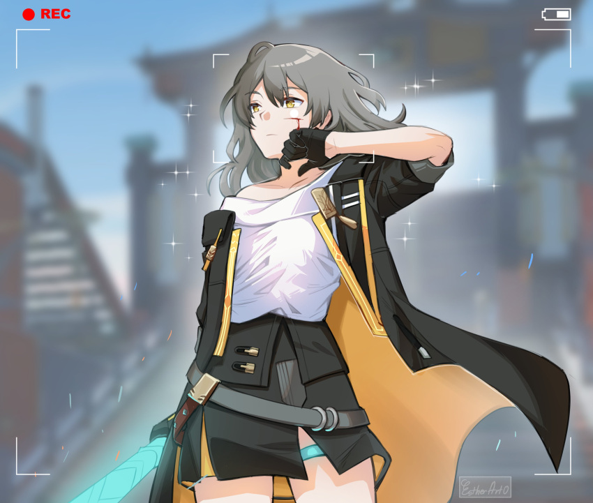 1girl absurdres artist_name battery_indicator black_gloves black_jacket black_skirt blood blurry blurry_background closed_mouth collarbone commentary commission cowboy_shot cuts english_commentary estherart0 gloves grey_hair hair_between_eyes half_gloves highres holding holding_sword holding_weapon honkai:_star_rail honkai_(series) injury jacket medium_hair off_shoulder open_clothes open_jacket shirt single_bare_shoulder skirt solo sparkle stelle_(honkai:_star_rail) sword thigh_strap trailblazer_(honkai:_star_rail) viewfinder weapon white_shirt wiping_blood yellow_eyes