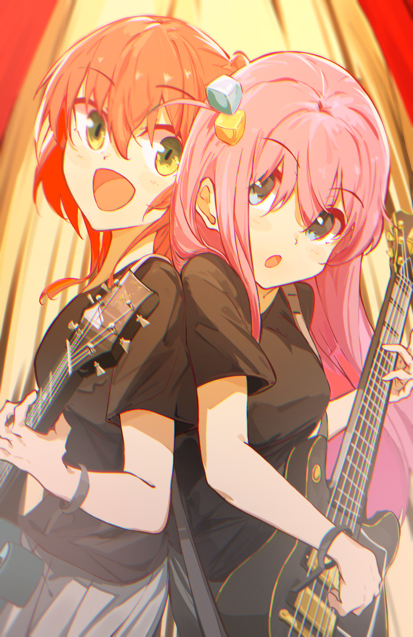 2girls :d absurdres back-to-back black_shirt blush bocchi_the_rock! bracelet chromatic_aberration commentary cube_hair_ornament gotou_hitori grey_eyes grey_skirt guitar hair_between_eyes hair_ornament highres instrument jewelry kita_ikuyo long_hair looking_at_viewer multiple_girls one_side_up open_mouth pink_hair pleated_skirt redhead shirt short_sleeves sidelocks skirt smile t.k.c yellow_eyes