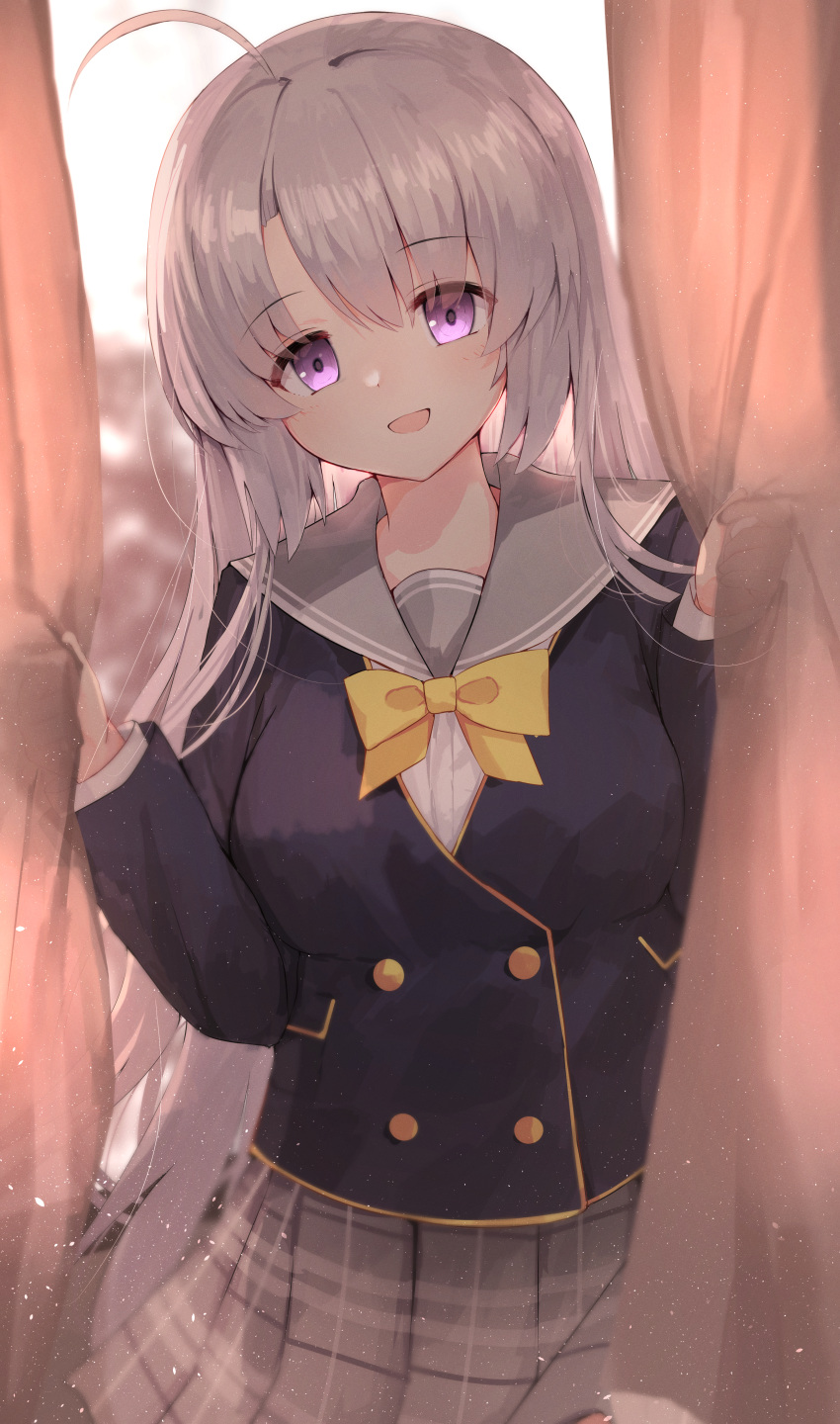 1girl :d absurdres ahoge ayachi_nene black_jacket blurry blush bow bowtie breasts commentary curtains depth_of_field eyelashes eyes_visible_through_hair grey_hair grey_sailor_collar grey_skirt hair_between_eyes hair_over_shoulder hands_up head_tilt highres jacket large_breasts light_particles long_hair long_sleeves looking_at_viewer miniskirt nodoameyatou open_mouth plaid plaid_skirt pleated_skirt sailor_collar sanoba_witch school_uniform sidelocks skirt smile solo straight-on straight_hair very_long_hair violet_eyes w_arms yellow_bow yellow_bowtie