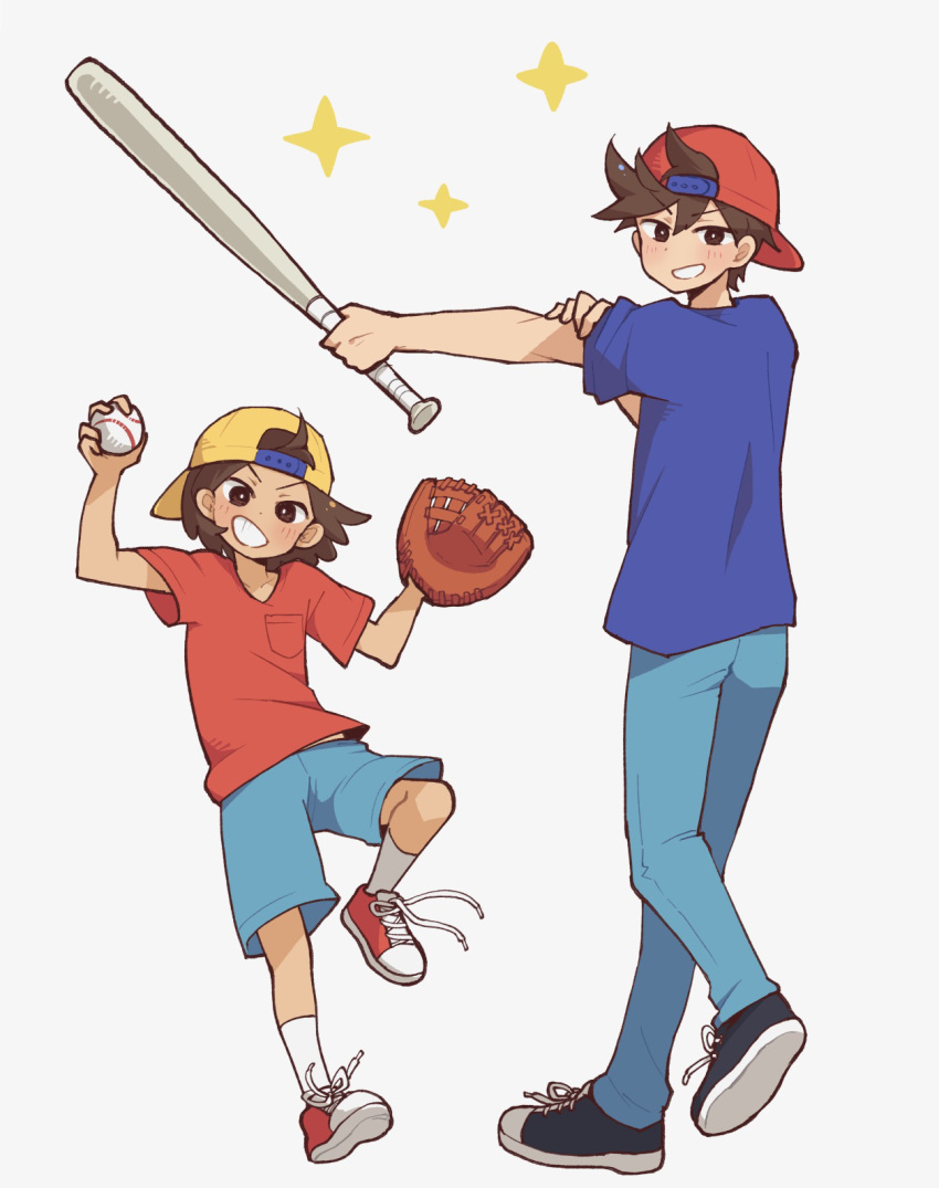 2boys alternate_costume ball baseball baseball_bat baseball_cap baseball_mitt black_footwear blue_shirt blue_shorts blush brothers brown_eyes brown_hair denim denim_shorts doroidsan grin hat hero_(omori) highres holding holding_ball jeans kel_(omori) looking_at_viewer multiple_boys omori pants parted_lips red_footwear red_headwear red_shirt shirt shoes short_hair short_sleeves shorts siblings simple_background smile sneakers teeth white_background yellow_headwear