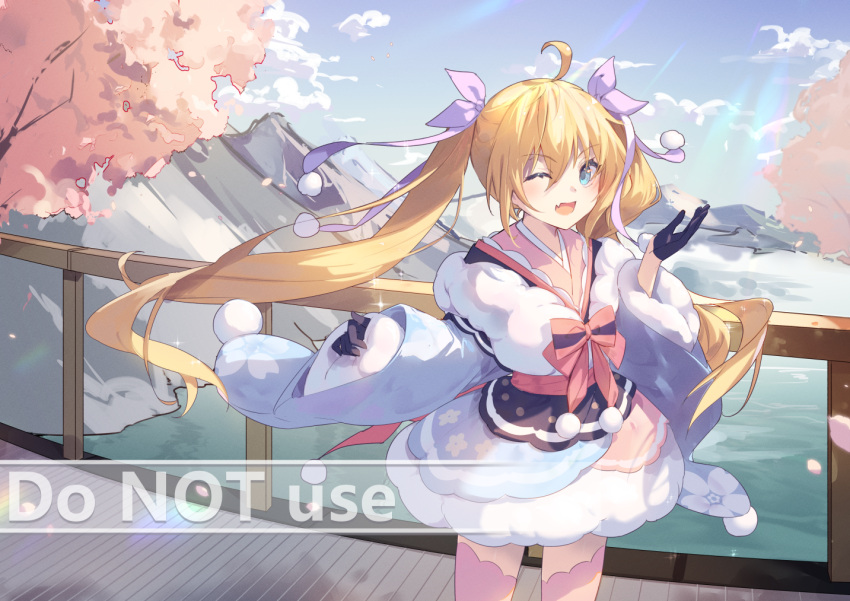 1girl ;d ahoge black_gloves blonde_hair blue_eyes blue_kimono blue_sky clouds commentary_request cosplay day english_text fang fur-trimmed_kimono fur-trimmed_sleeves fur_trim gloves hair_between_eyes hair_ribbon half_gloves hand_up japanese_clothes kimono long_hair long_sleeves looking_at_viewer mo_(pixiv9929995) mountain one_eye_closed original outdoors purple_ribbon railing ribbon river sky smile solo tree twintails very_long_hair water watermark wide_sleeves