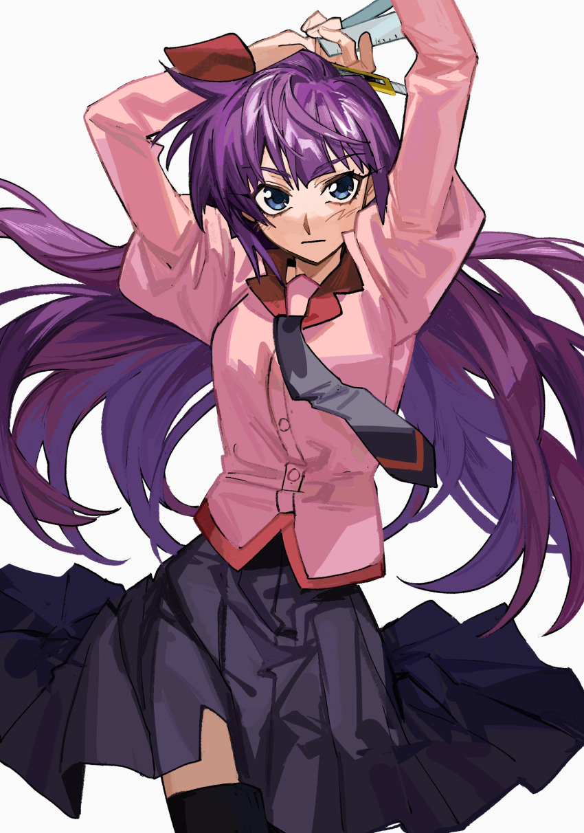 1girl absurdres arms_up black_skirt blue_eyes boxcutter breasts closed_mouth highres holding_boxcutter juliet_sleeves long_hair long_sleeves looking_at_viewer medium_breasts monogatari_(series) naoetsu_high_school_uniform necktie pink_shirt pleated_skirt puffy_sleeves purple_hair ruler school_uniform senjougahara_hitagi shirt skirt solo standing stationery thigh-highs very_long_hair white_background yarawi