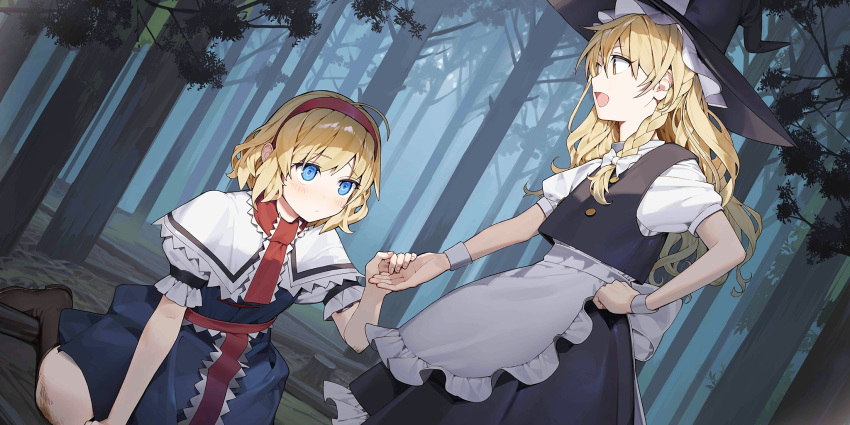 2girls :/ :d alice_margatroid apron back_bow black_headwear black_skirt black_vest blonde_hair blue_dress blue_eyes blush boots bow braid brown_footwear capelet closed_mouth dress forest hair_bow hairband hat highres holding_hands kirisame_marisa kitada_mo kneeling long_hair looking_at_another multiple_girls nature non-web_source official_art outdoors puffy_short_sleeves puffy_sleeves red_hairband red_scarf scarf second-party_source shirt short_hair short_sleeves single_braid skirt smile touhou touhou_lost_word tree vest waist_apron white_apron white_bow white_capelet white_shirt witch_hat yellow_eyes