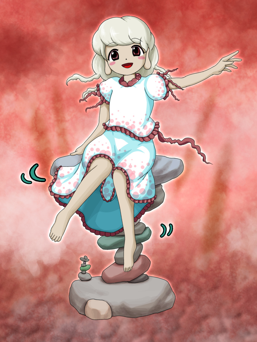 1girl balancing barefoot blonde_hair blush_stickers commentary_request ebisu_eika frilled_shirt frilled_skirt frills hand_up highres long_hair looking_at_viewer open_mouth outstretched_arm parasite_oyatsu puffy_short_sleeves puffy_sleeves red_background red_eyes rock rock_balancing shirt short_sleeves sitting sitting_on_rock skirt smile solo touhou white_shirt white_skirt zun_(style)