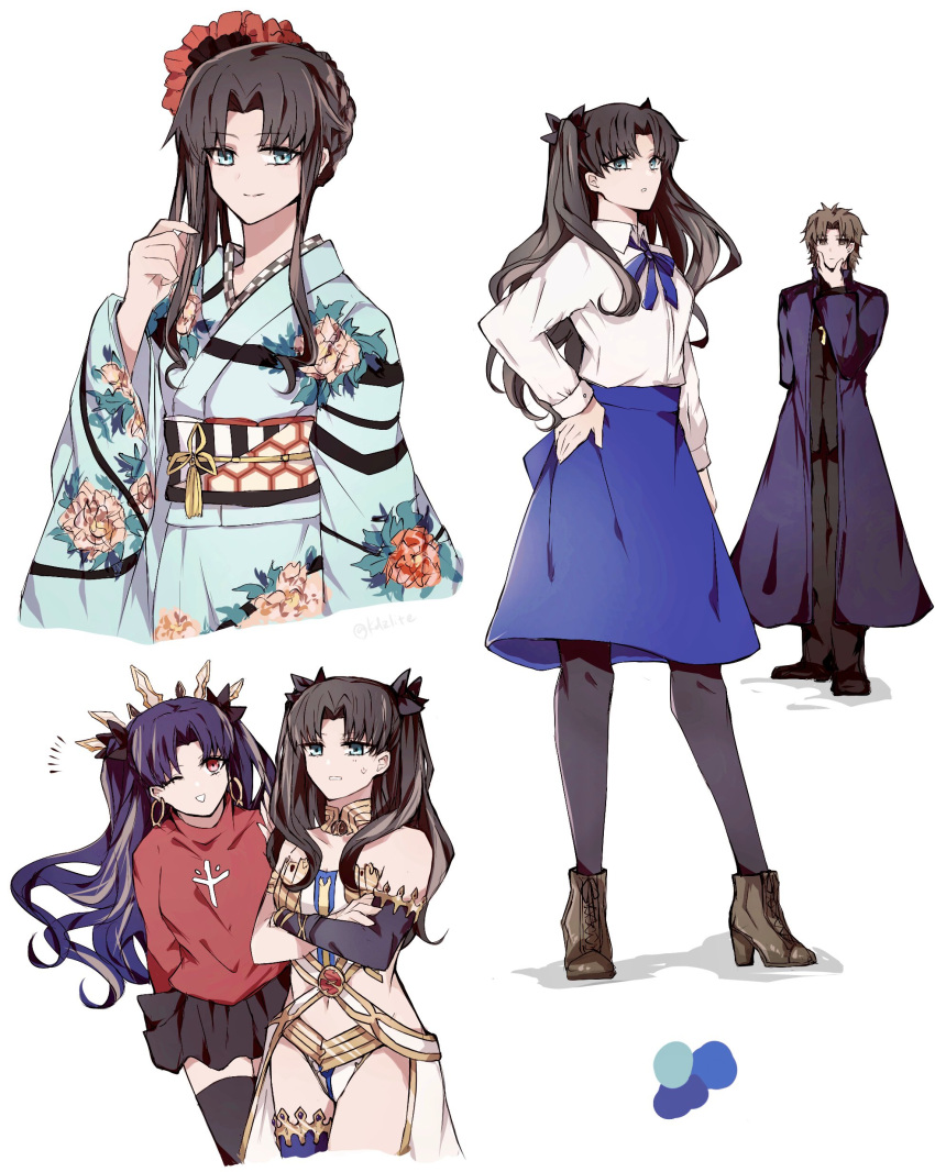 1boy 2girls absurdres alternate_costume artoria_pendragon_(fate) black_thighhighs blue_eyes blue_kimono brown_hair cosplay detached_sleeves earrings fate_(series) hair_ribbon highres ishtar_(fate) ishtar_(fate)_(cosplay) japanese_clothes jewelry kimono kotomine_kirei long_hair long_sleeves looking_at_viewer multiple_girls open_mouth red_eyes ribbon saber saber_(cosplay) single_detached_sleeve single_thighhigh skirt smile sodamachi thigh-highs tohsaka_rin twintails yukata