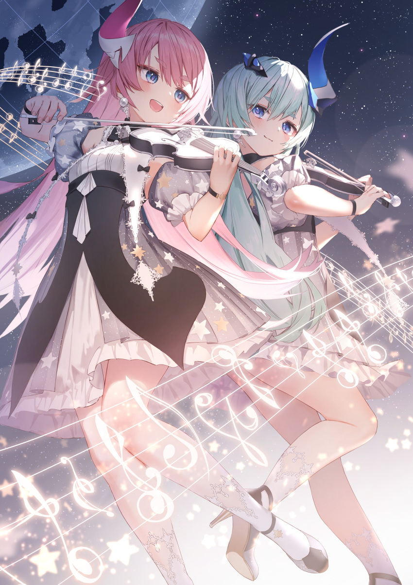 2girls absurdres black_bow black_footwear blue_eyes bow bow_(music) character_request earrings high_heels highres honkai_(series) honkai_impact_3rd instrument jewelry multiple_girls music open_mouth pink_hair playing_instrument ryota_(ry_o_ta) sky smile socks staff_(music) star_(sky) starry_sky violin white_hair white_socks