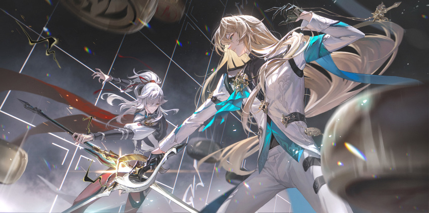 2boys absurdres arm_up armor black_cape black_gloves black_shirt blonde_hair cape chinese_clothes chinese_commentary closed_mouth commentary_request crossed_bangs fighting floating_hair gloves green_eyes hair_over_one_eye hair_ribbon half_gloves high_ponytail highres holding holding_sword holding_weapon honkai:_star_rail honkai_(series) jacket jing_yuan long_hair long_sleeves looking_at_another luocha_(honkai:_star_rail) male_focus mole mole_under_eye multiple_boys one_eye_covered outstretched_arm pants parted_bangs ponytail profile red_cape red_pants red_ribbon ribbon serious shirt shoulder_armor sidelocks sleeve_cuffs smile smirk sparkle standing swept_bangs sword turtleneck vambraces very_long_hair weapon white_hair white_jacket white_pants white_shirt yellow_eyes yunmaojan
