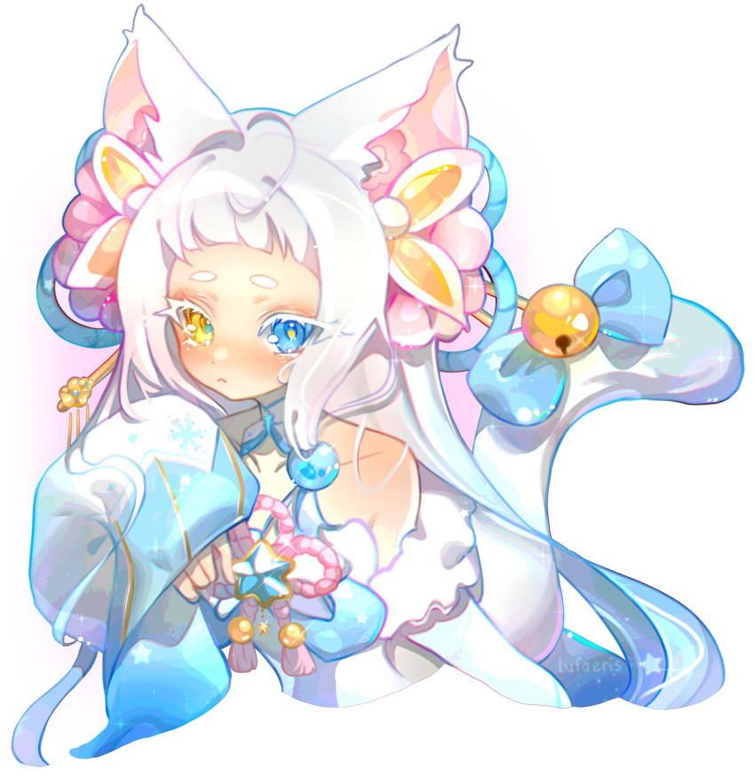 1girl animal_ears blue_eyes cat_ears cat_girl cat_tail cloud_(lufaeris) colored_eyelashes commission heterochromia highres long_hair long_sleeves looking_at_viewer original sleeves_past_wrists solo tail tan white_background white_hair yellow_eyes