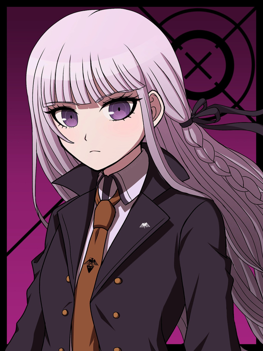 1girl black_border black_jacket black_ribbon border braid brown_necktie buttons collared_shirt danganronpa:_trigger_happy_havoc danganronpa_(series) frown gradient_background grey_hair hair_ribbon highres jacket kirigiri_kyoko long_hair long_sleeves necktie open_clothes open_jacket purple_background ribbon shirt side_braid solo suiren_yurei two-tone_shirt upper_body violet_eyes