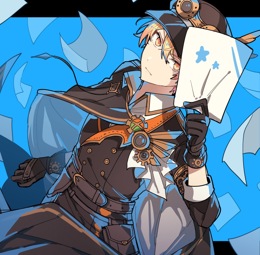1boy absurdres belt blonde_hair blue_background brown_belt brown_cape brown_gloves brown_headwear brown_jacket cabbie_hat cape closed_mouth dutch_angle gloves hat highres holding holding_paper hoshi-toge jacket long_sleeves looking_at_viewer paper project_sekai revival_my_dream_(project_sekai) solo tenma_tsukasa yellow_eyes