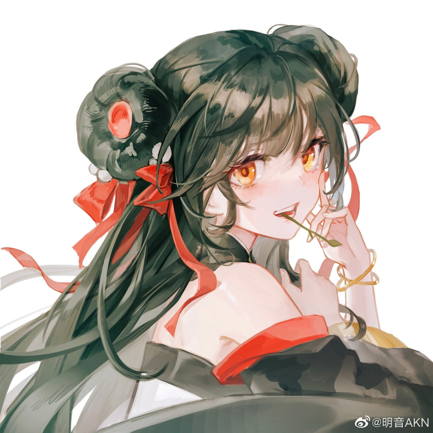 1girl bare_shoulders black_hair bracelet commentary_request double_bun from_side girls'_frontline_neural_cloud girls_frontline hair_bun hair_ornament hair_ribbon highres jewelry jiangyu_(girls'_frontline_nc) long_hair looking_at_viewer mingyin_akn mouth_hold off_shoulder open_mouth orange_eyes red_ribbon ribbon simple_background smile solo type_97_(girls'_frontline) upper_body weibo_username white_background
