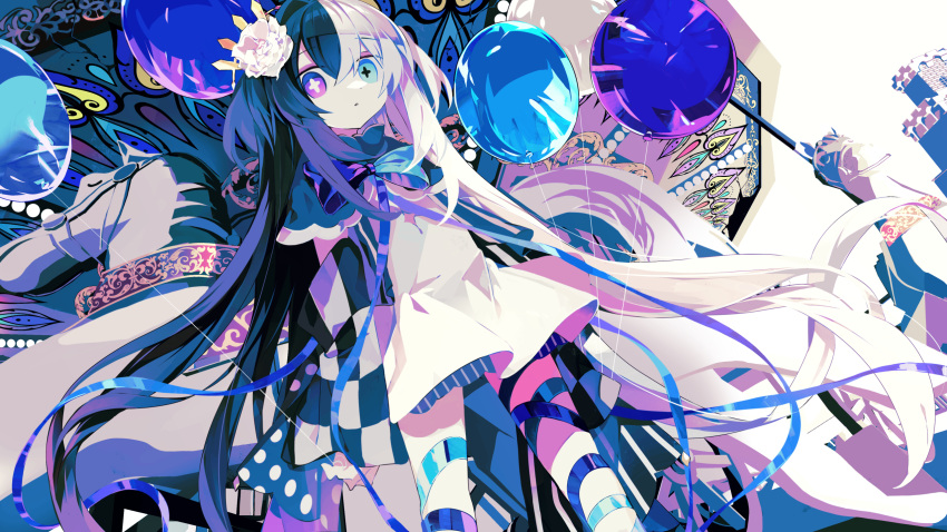 +_+ 1girl :o balloon black_hair blue_eyes blue_ribbon bow bowtie capelet checkered_clothes commentary_request dot_nose dress feet_out_of_frame flower from_below grey_capelet hair_between_eyes hair_flower hair_ornament heterochromia highres holding holding_balloon leg_ribbon looking_at_viewer meto_(metrin) multicolored_hair original pale_skin parted_lips raised_eyebrows ribbon sleeveless sleeveless_dress solo two-tone_bowtie two-tone_hair violet_eyes white_dress white_flower white_hair